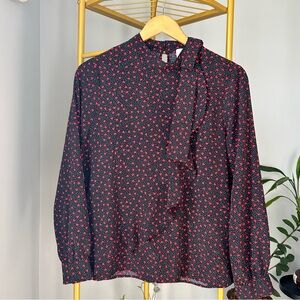 Red heart print long sleeves mock neck blouse with ruffles poetic vibe size S